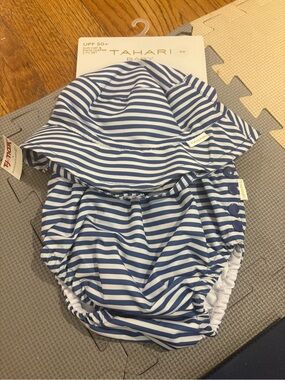 Tahari Blue and White Striped Sun Hat & Swim Diaper Set